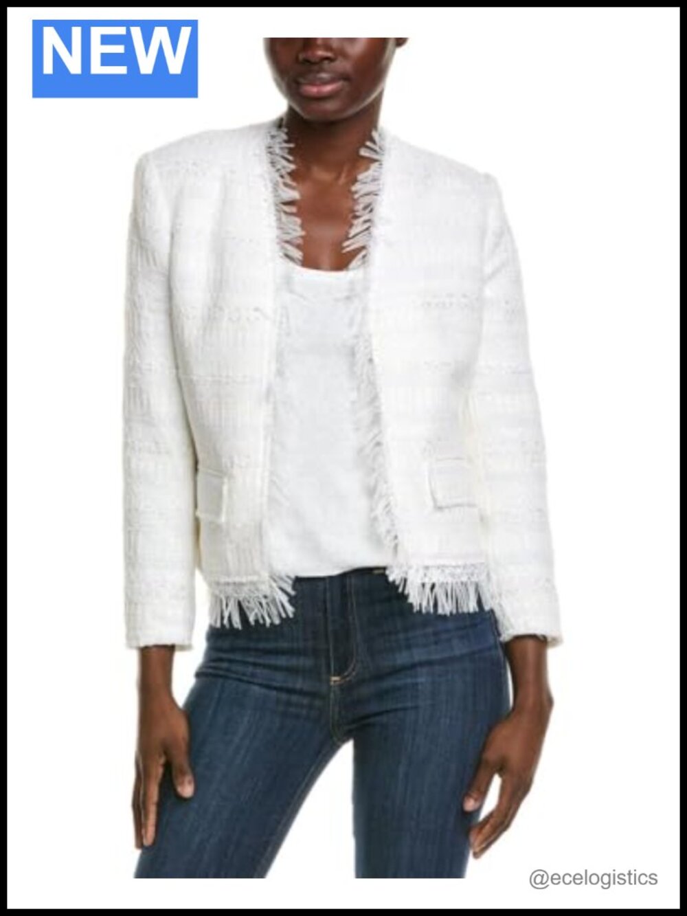 Tweed Blazer with Fringe Long Sleeve Snap Front Fully Lined Women's Jacket